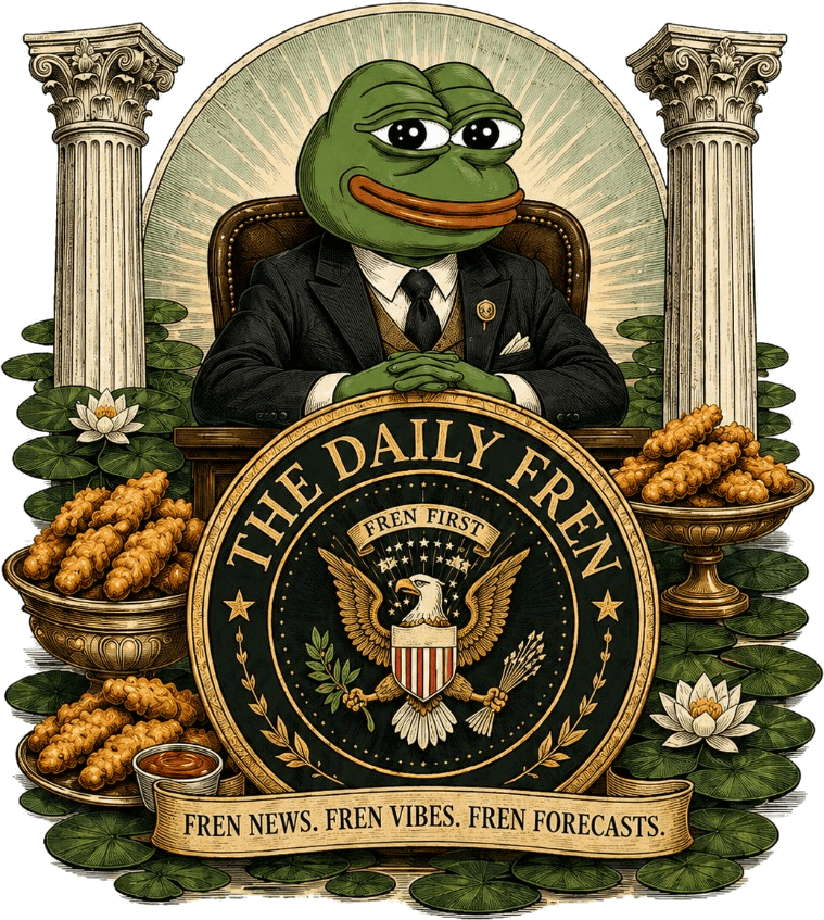 The editor-in-chief of The Daily Fren at his desk, flanked by columns, golden tendies, and the official Fren First seal reading 'Fren News. Fren Vibes. Fren Forecasts.'