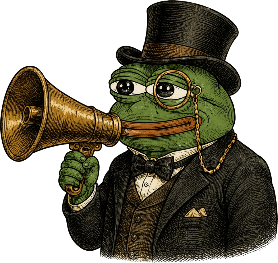 A distinguished frog in a top hat and monocle announcing the launch through a brass megaphone.