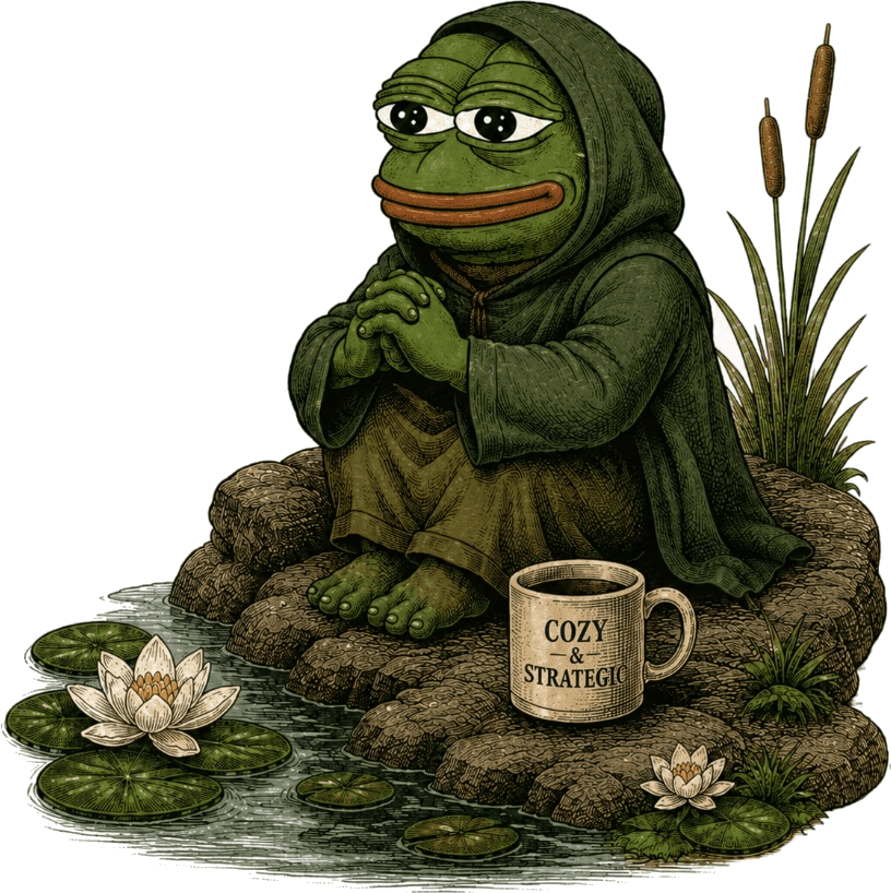 A contemplative toad in a hooded cloak beside a pond, with a mug reading 'Cozy is a strategy'.